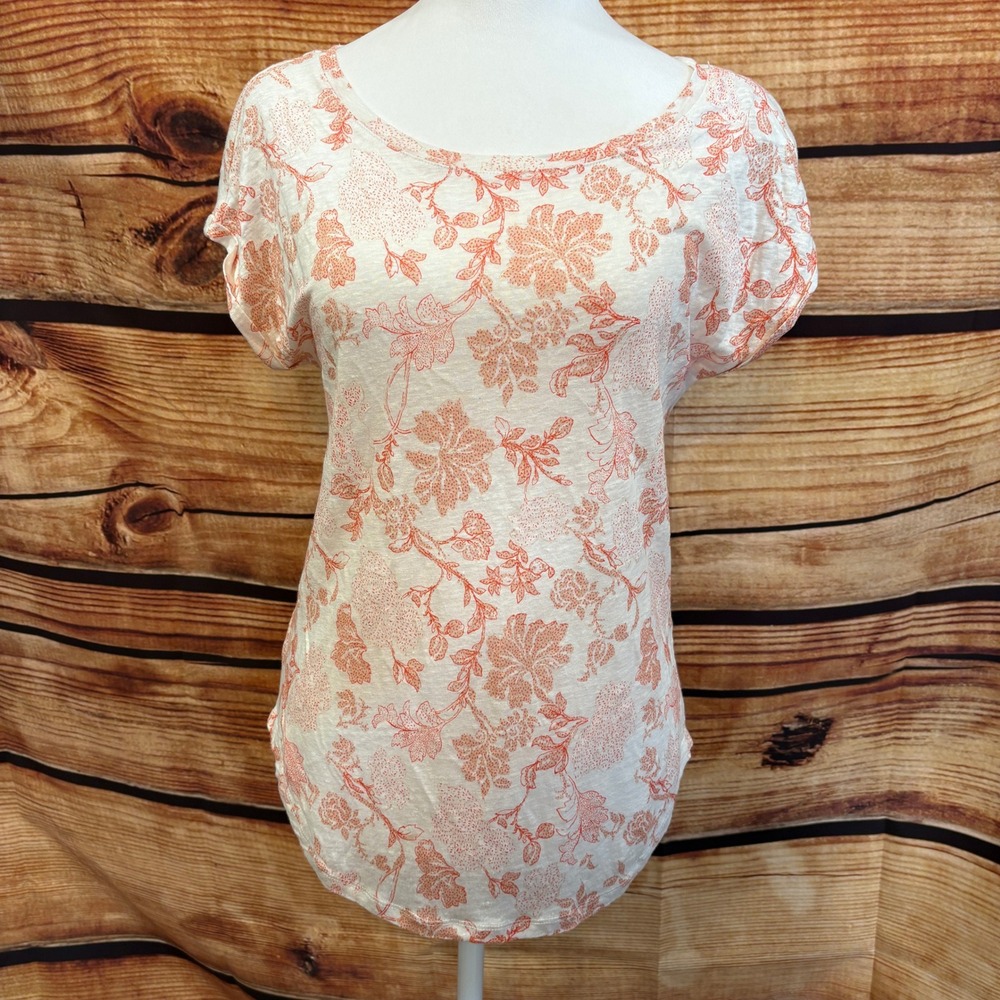Ann Taylor Womens White/Orange Floral Short Sleeve 100% Linen Top Size S